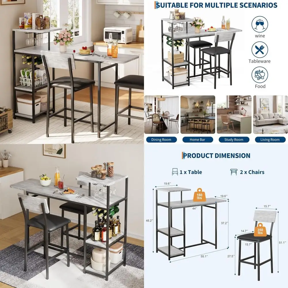 

Expandable 2-3 Piece Bar Table Set with Storage and Wine Rack for Small Kitchen or Living Room Dining