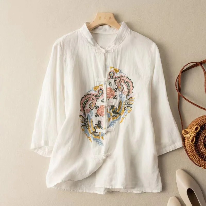 Cotton Linen Embroidery Shirts Casual Women Summer New 2022 Vintage Stand Collar Solid Loose Female Large Size Blouse Tops