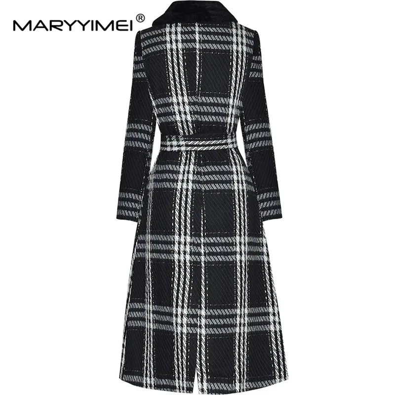 MARYYIMEI Winter New Style Vintage Designer Coat Women Bow Lace-Up Single-breasted Long-Sleeved Black/Green Overcoat