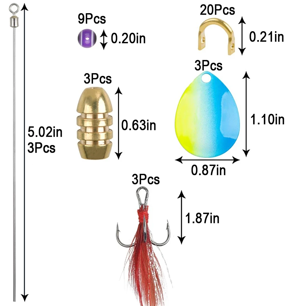 41Pcs Rotating Spinner Fishing Lure Making Kit Spinner Blades Treble Hooks Fishing Clevis Brass Sinker Weights Fish Eye Beads