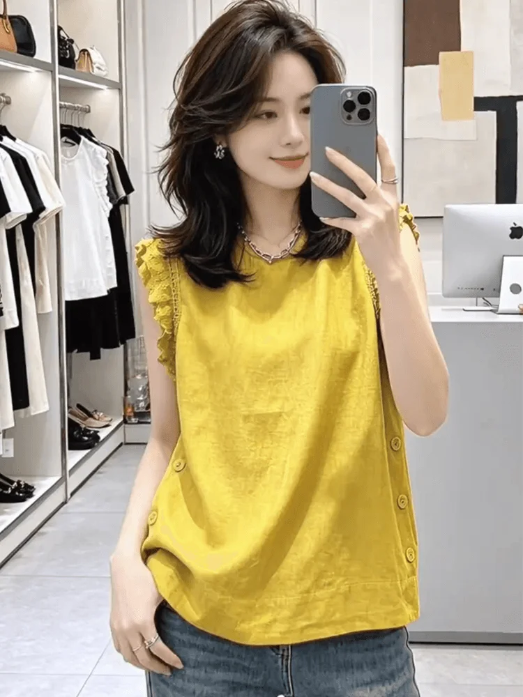 

Casual Style Lace Splice Sleeveless Blue Shirt for Women Summer New Fashion Slimming Fly Sleeve Top round Neck Polyester Fiber