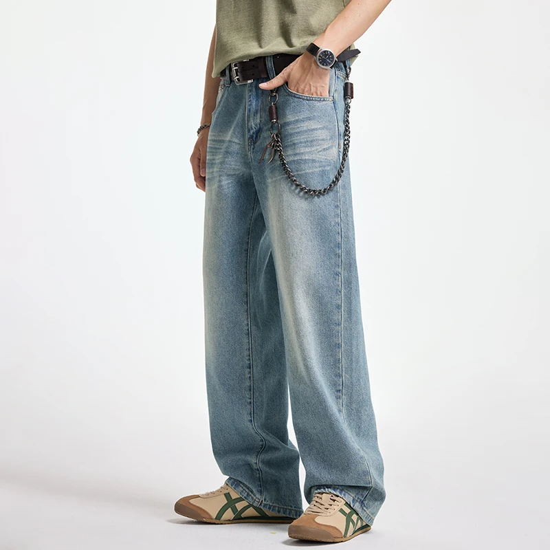 

New Korean Men's Casual Long Baggy Jeans Versatile Man Summer Straight Denim Wide-leg Pants Solid Soft Trousers High Street Jean