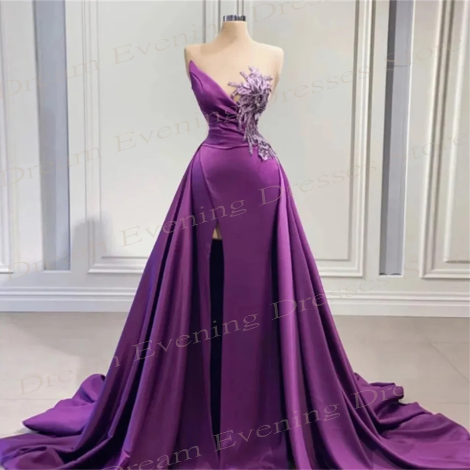 Vestidos de noite sem mangas para mulheres, elegantes e generosos, vestidos de baile frisados, apliques encantadores, roxo