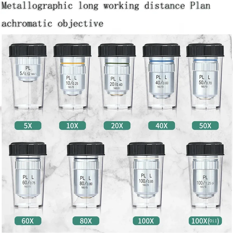 Metallographic microscope long working distance flat field achromatic objective PL L 5 10 20 40 50 60 80 100X dry lens