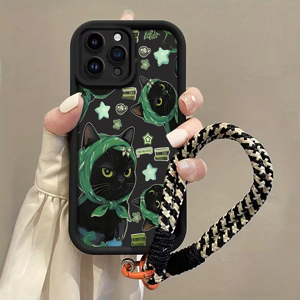 Grüne Kopftuch-Katzen-Handyhülle mit Trageband für iPhone 12 13 14 15 16 17 Pro Max 15 14 13 Plus 17E Stoßfeste Matte Silikonhülle – Detail 3