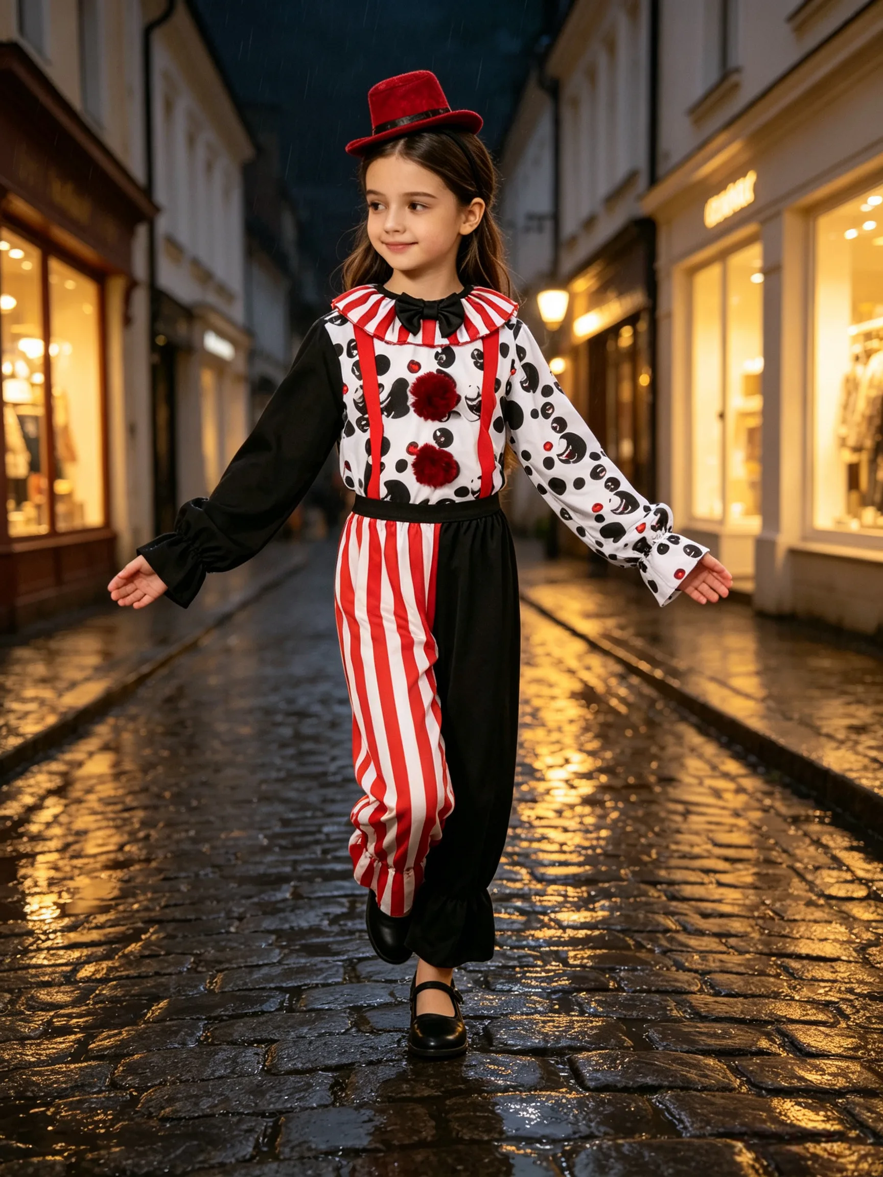 Kids Clown Costume Set, Polka Dot Top Striped Pants & Mini Red Hat Headband, Halloween Party Outfit