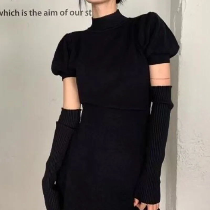 Kawaii Girl Fashion Tops Sexy Midi Skirt 2025 New French Knit Sweater Dress Women Autumn Winter Pure Desire Bodycon Short Skirt