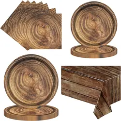 Servilletas de platos de papel de grano de madera, suministros para fiestas, platos de postre, mantel, vajilla rústica de rebanadas de madera, cumpleaños, leñador,