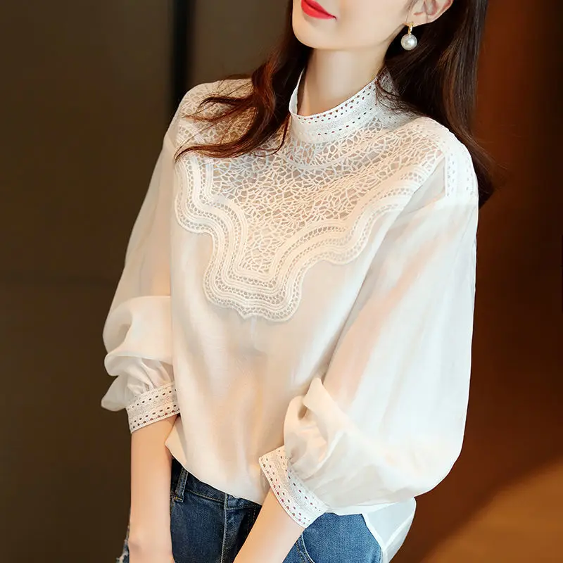 

Female Clothing Stand Collar Blouse Commute Solid Color Spring Autumn Long Sleeve Stylish Korean Lace Hollow Out Spliced Shirt