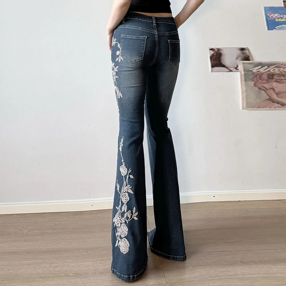 Women's American Retro Rose Roidered Micro Flared Denim Jeans 2025 New Spring Autumn Spicy Girls Slim Fit Floor Length Pants