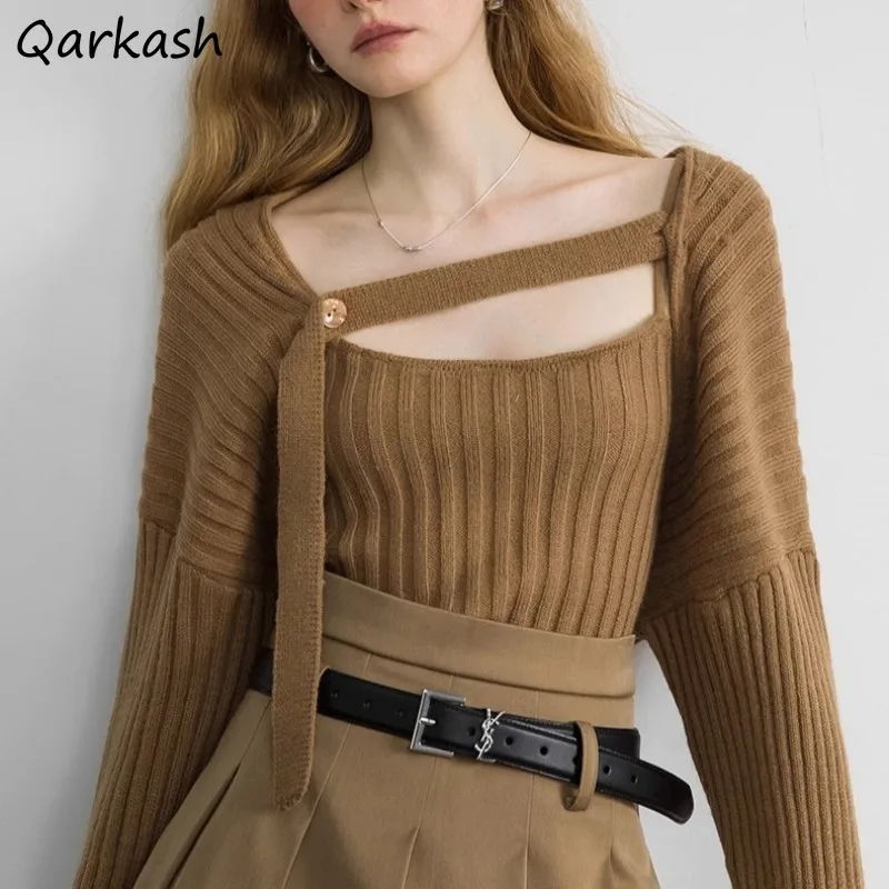 French Style Sweater Sets Women Elegant Tender Soft Cardigan Slim Fit Camis All-match Casual Simple Solid Streetwear Attractive