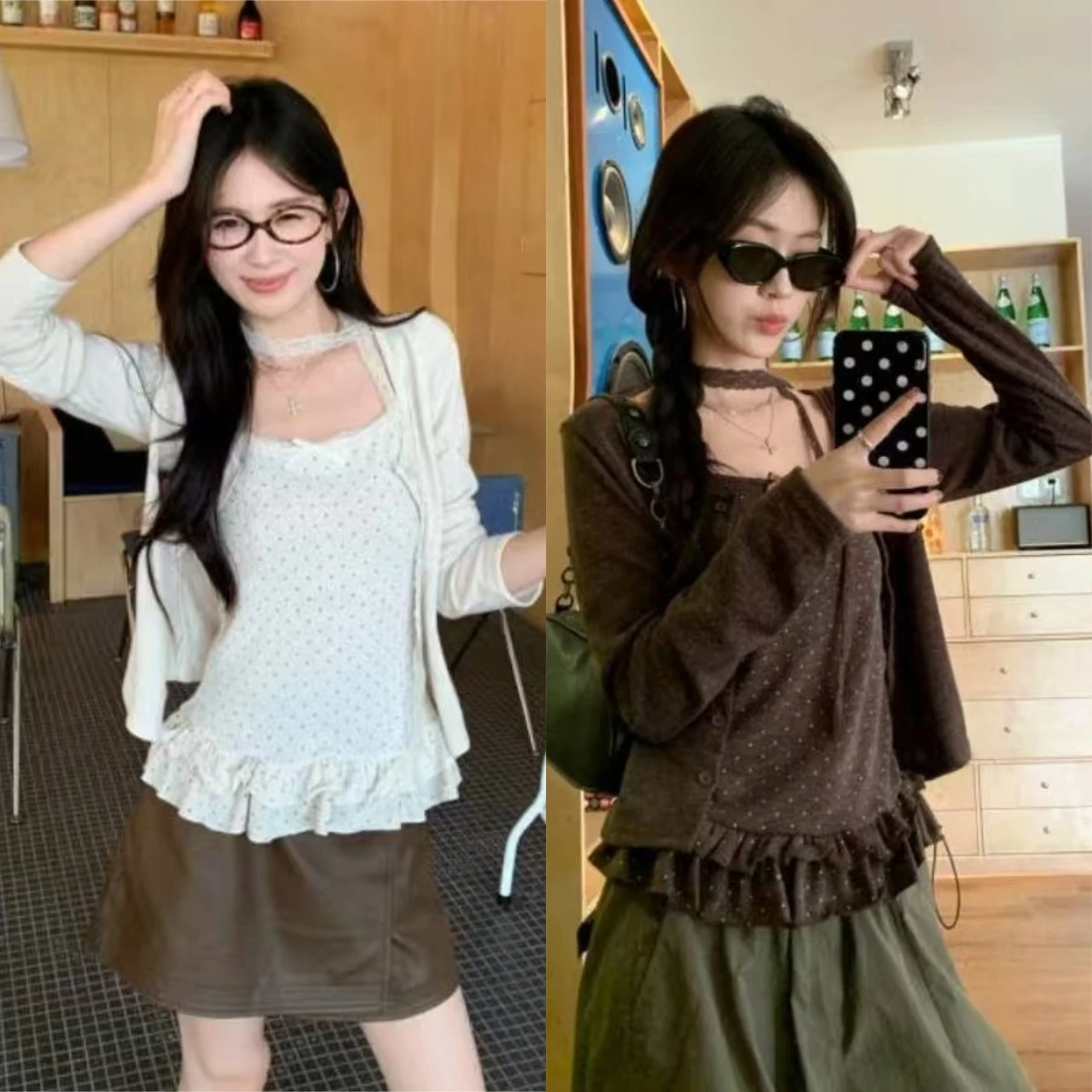 2 Piece Women Long Sleeve T‑Shirt Set Korean Y2K Harajuku 2000s Gyaru Slim Fit Casual Daily Street Matching Fashion Tops