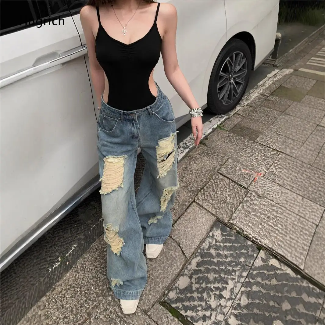 Black Sleeveless V Neck Cami Bodysuit High Waist Multi Frayed Hole Wide Leg Vintage Denim Jeans Matching Set