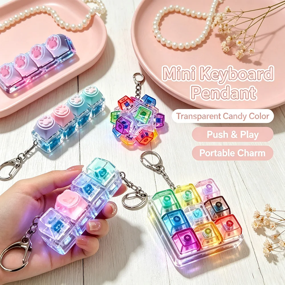 @Mini LED Light Keyboard Keychain Fidget Toy Clickable Button Stress Relief Portable Desk Accessory Decor Gifts Anxiety Relief