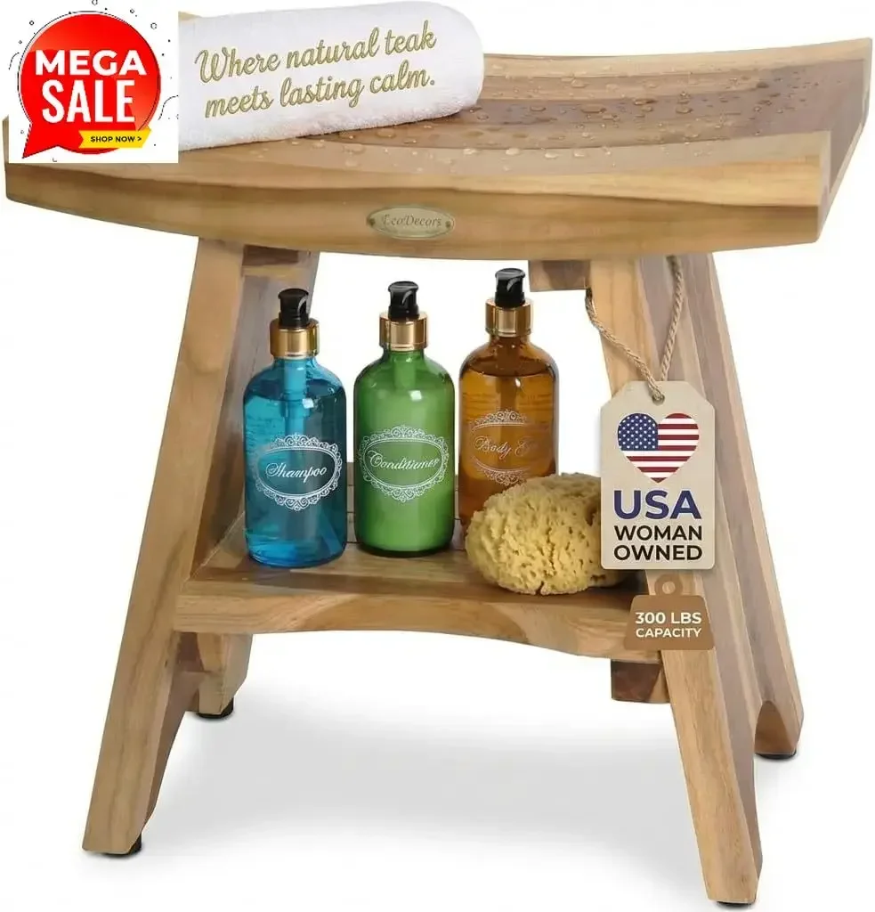 Waterproof Wood Bath Seat With Shelf 18 Inch 300 Pound Capacity Compact Spa Seating For Adults Slip Resistant Feet For Small Bat