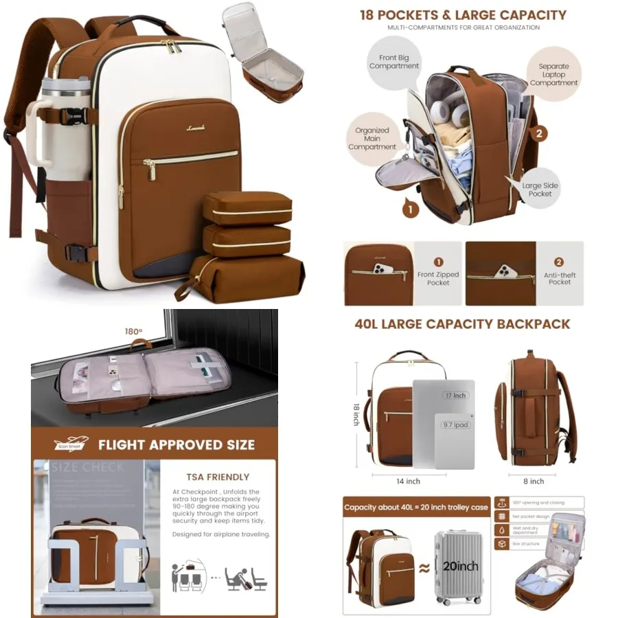 Travel Backpack for Women and Men, Airline Approved Carry On Luggage with 3 Packing Cubes, TSA Overnight Bags, Waterproof Perso
