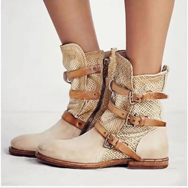 boots chunky low heels round toe shoes woman chaussure zapatos mujer gladiator vintage PU leather booties 2020