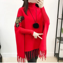 Women Large Size Cloak Sweater Autumn Winter Thicken Turtleneck Knitted Coat Korean Loose Bat Sleeve Tassels Pullovers Jumper