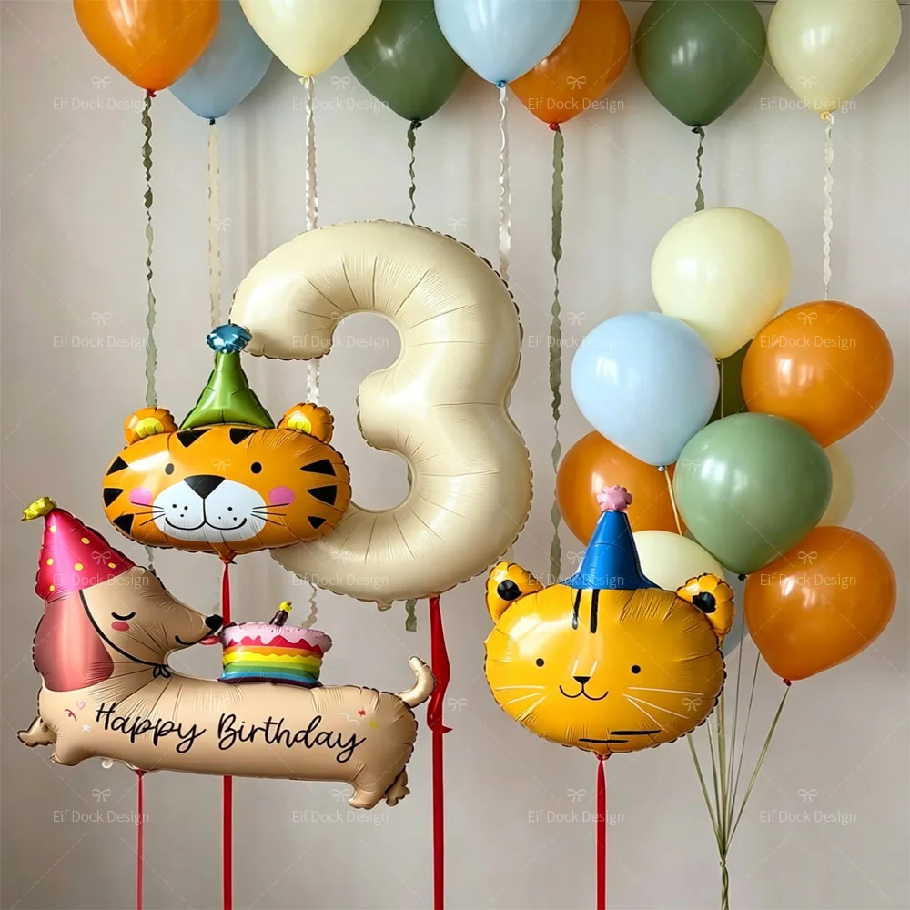 24pcs Birthday Cake Dachshund Dog Cat tiger Theme Birthday Party Balloons Cream Number 1-9 Party  Background Decoration Gifts