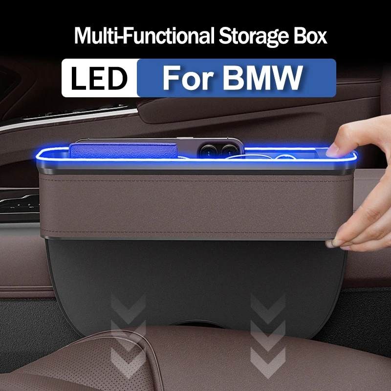 For BMW E90 E91 E92 E60 E61 E70 E71 E72 E82 E87 E88 E89 Car Crevice Storage Box With 2 USB Charger Colorful LED Seat Organizer
