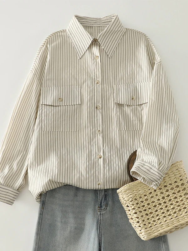 

Весна 2026: Новая коллекция! Модная женская рубашка с длинным рукавом в полоску, свободного кроя, класса люкс, в винтажном стиле, из высококачественного хлопка, в гонконгском стиле, повседневная.