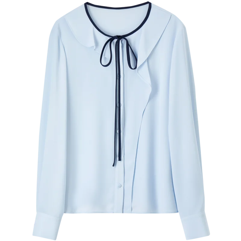 SENTUBILA Women's Shirt Ruffles Lace Up O-Neck Long Sleeve Spring New Style Color Blocking Design Sense Chiffon Blouse 151C58206