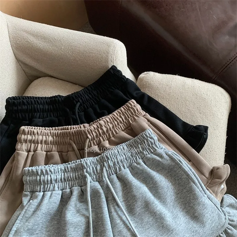Summer wood ear edge high waisted casual wide leg drawstring sports shorts for women