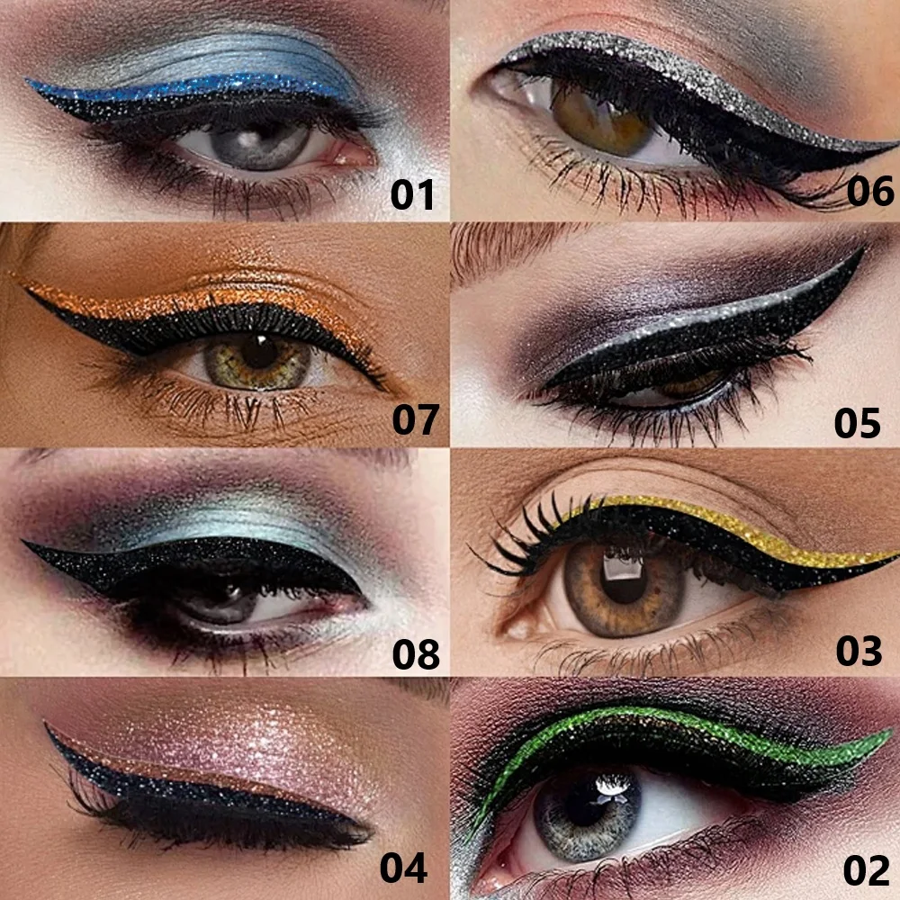 パール光沢のあるグリッターパウダーアイライナーリキッドペン、防水、汗に強く、汚れにくく、ダマにならない、カラフルなリキッドアイリン