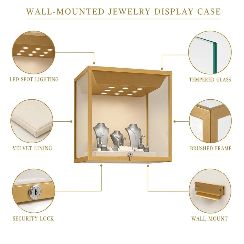 custom.Custom Wall Mounted Jewelry Display Cabinet Aluminum Plywood Glass LED Lit Showcase Jewelry Store Fixture