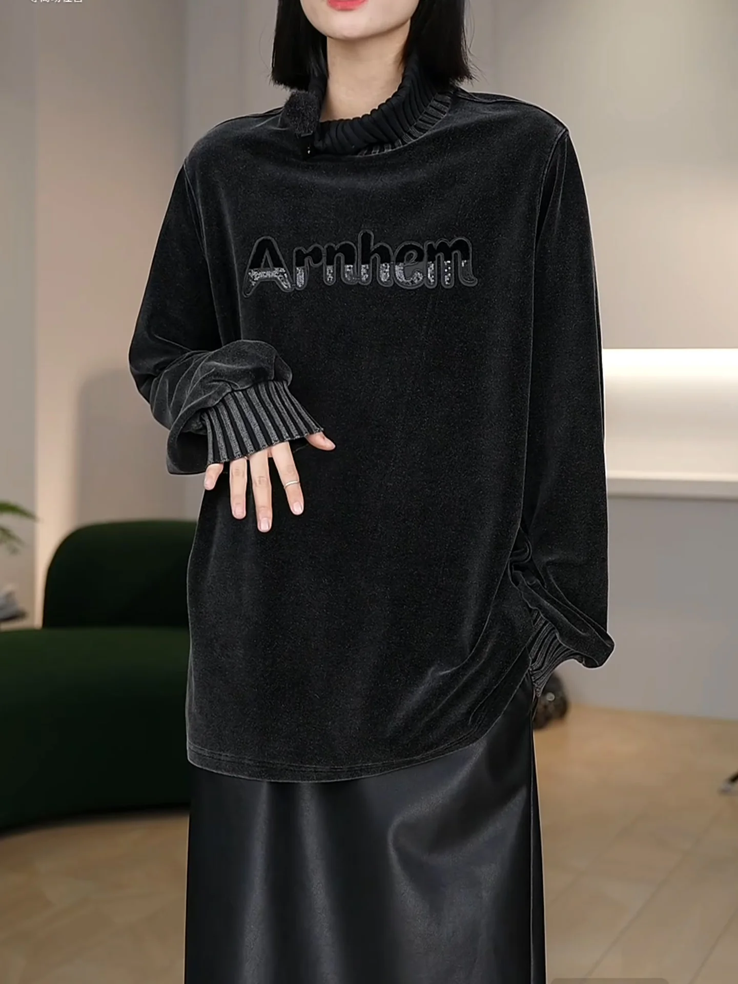 

Свободный крой, длинный рукав, высокий воротник, уличный стиль, большие размеры, женский топ, повседневная свободная одежда, утягивающая внутренняя одежда, свободный крой