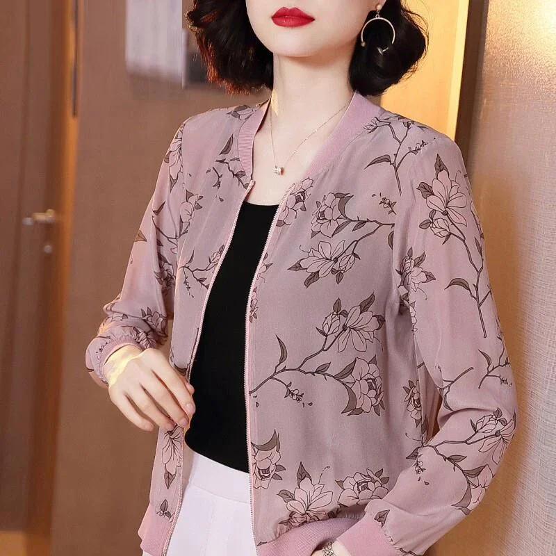 

Fashion Summer Chiffon Print Basic Jacket Women Thin Long Sleeve Loose Female Office Bomber Zipper Sunscreen Jacket Outwear Z670