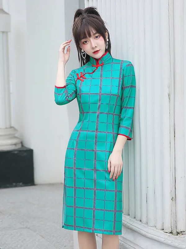 Checkered Cheongsam Girl Elegant Cheongsam Chinese Cheongsam Skirt Art Fresh Student Qipao Daily Fashion Short Cheongsam Dress