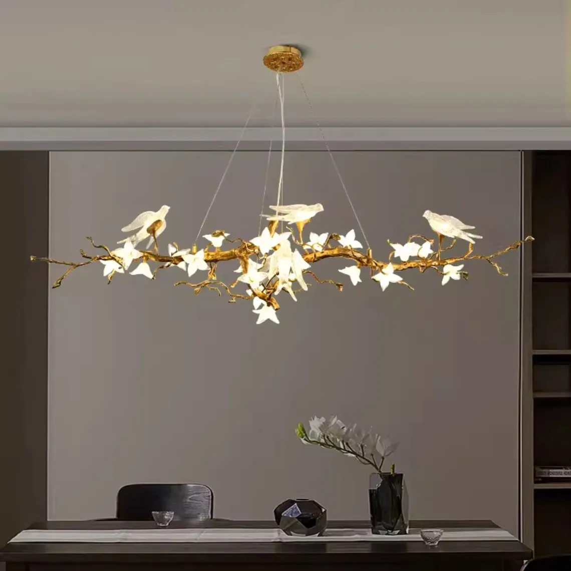 高級鳥と枝のクリスタルシャンデリア - ヴィンテージガラスLED