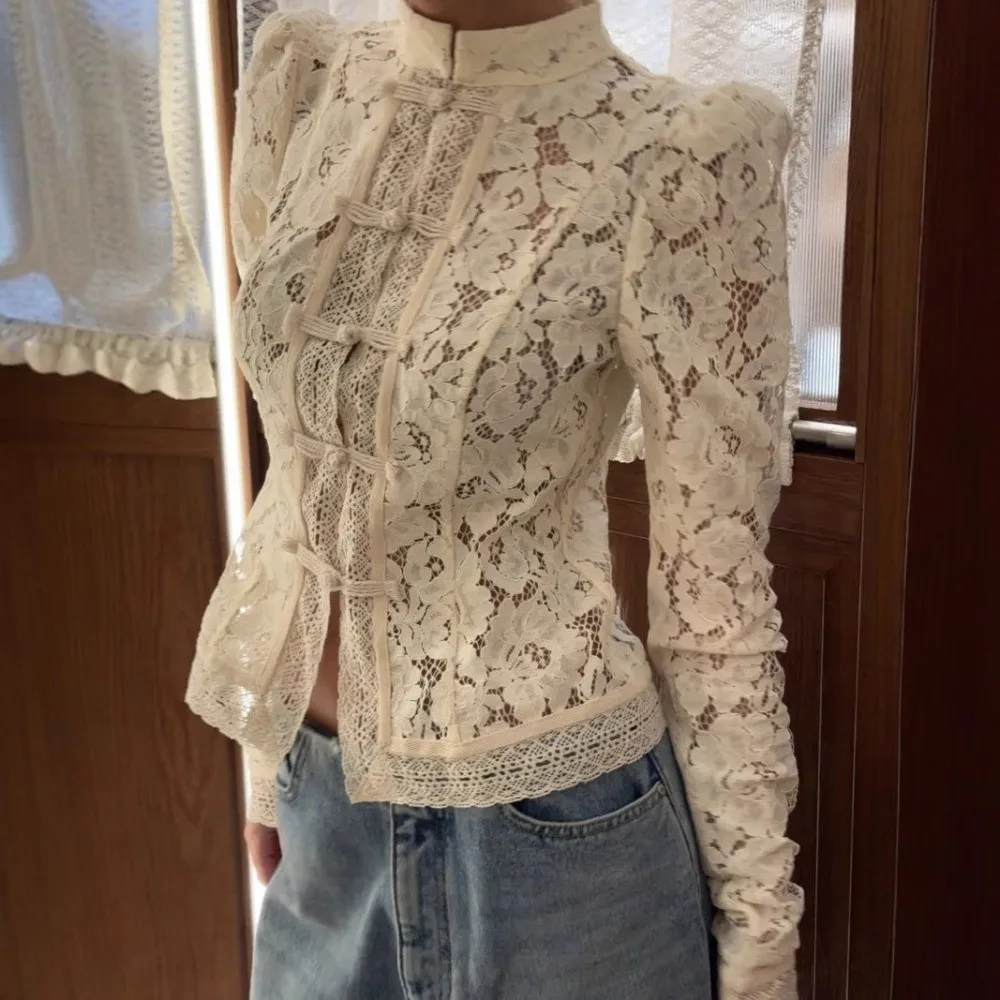 Solid Color Embroidery Blouse See-through Slim Fit Patchwork Blouse Full Sleeve Single Breasted Chinese Style Top