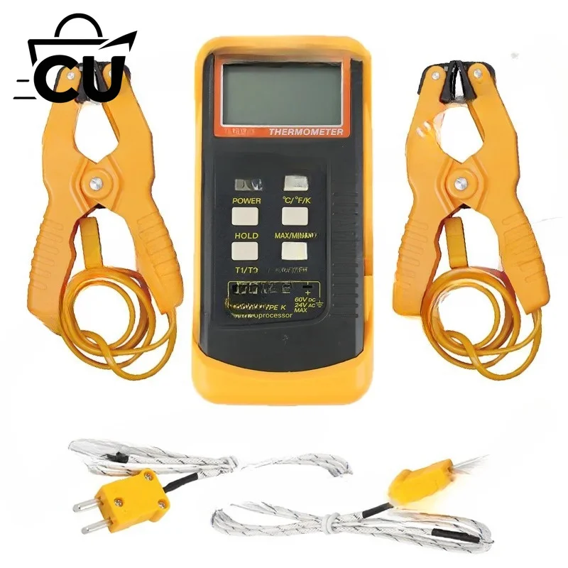 Digital K Type Thermocouple Thermometer(-50-1370°C) Dual Channel, 2 Thermometer Pipe Clamp and 2 Sensor Probes