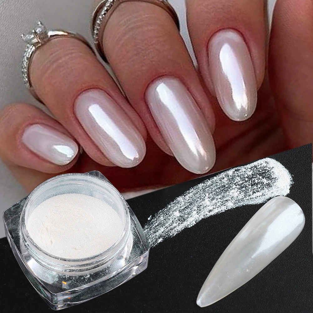 

White Chrome Pearl Nail Powder Shimmer Glitter Wedding Bride Nail Design Aurora Rubbing Dust Mirror Effect Fairy Powder GLY459