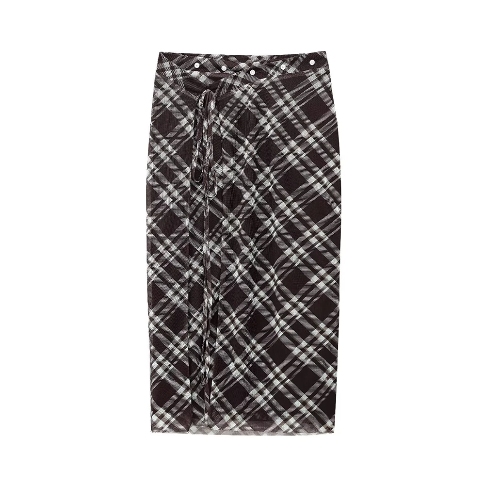 

Cross-Border European and American Clothing Aliexpress Ins Popular Casual Plaid Silk Mesh Sarong Skirt