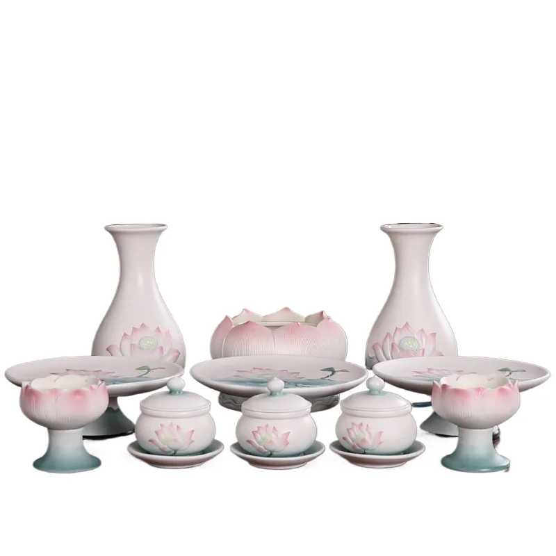 

Ceramic green powder supply set, Buddhist hall incense burner holy water cup candlestick fruit plate Buddhist utensil for hom