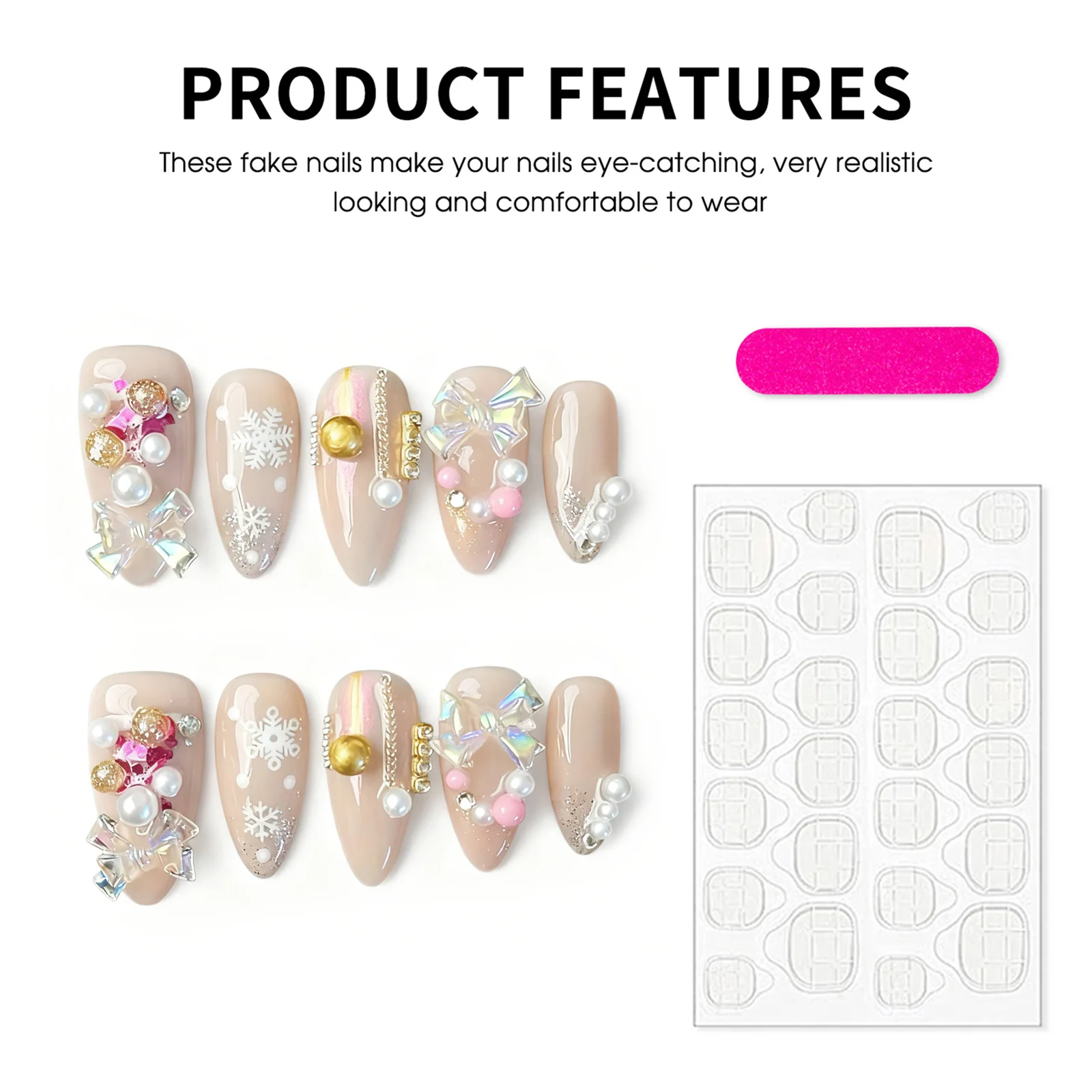 

10 шт., накладные ногти ручной работы для рождественской вечеринки, телесный цвет, миндалевидные накладные ногти, 3D бантик, жемчуг, дизайн, акриловые накладные ногти