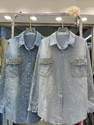 New In Autumn Trend Sparkle Diamonds Loose Casual Denim Shirts and Blouses For Women's Y2K Clothing Jean Blouses Camisas