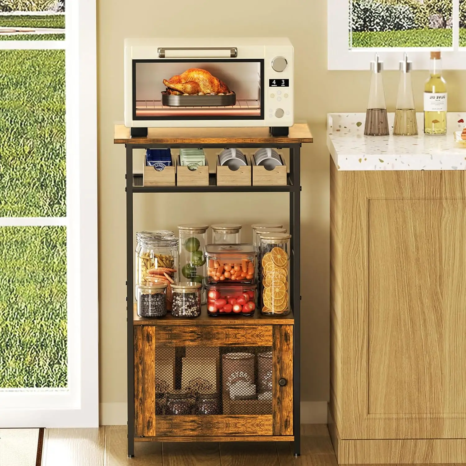 

3-Tier Kitchen Cart with Adjustable Feet, Microwave & Coffee Station for Living Room Storage