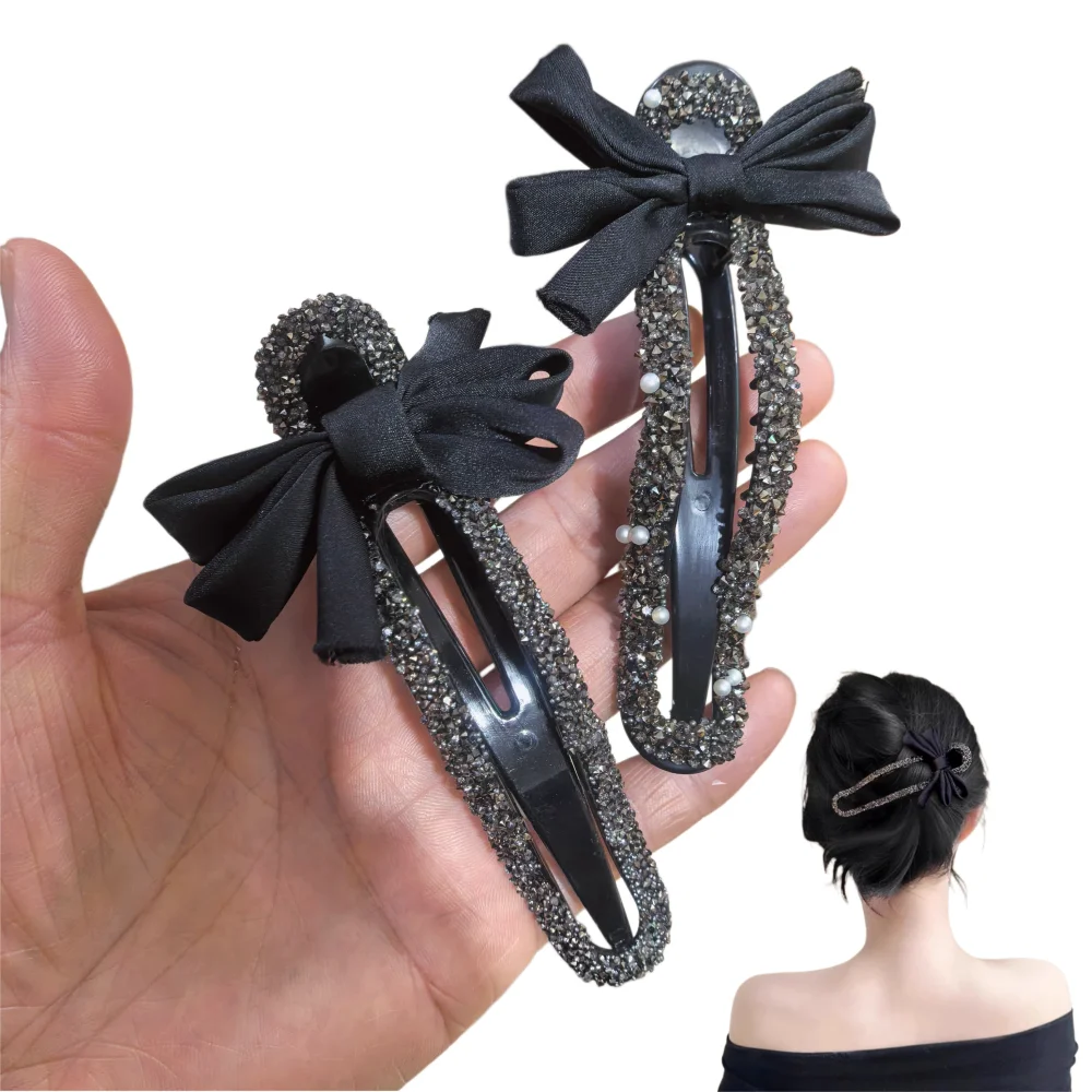 Elegant Black Bow Hair Clip Pins Sparkling Crystal Hair Barrette for Women Large Hair Claw Hair Accessories for Updo Hairstyle