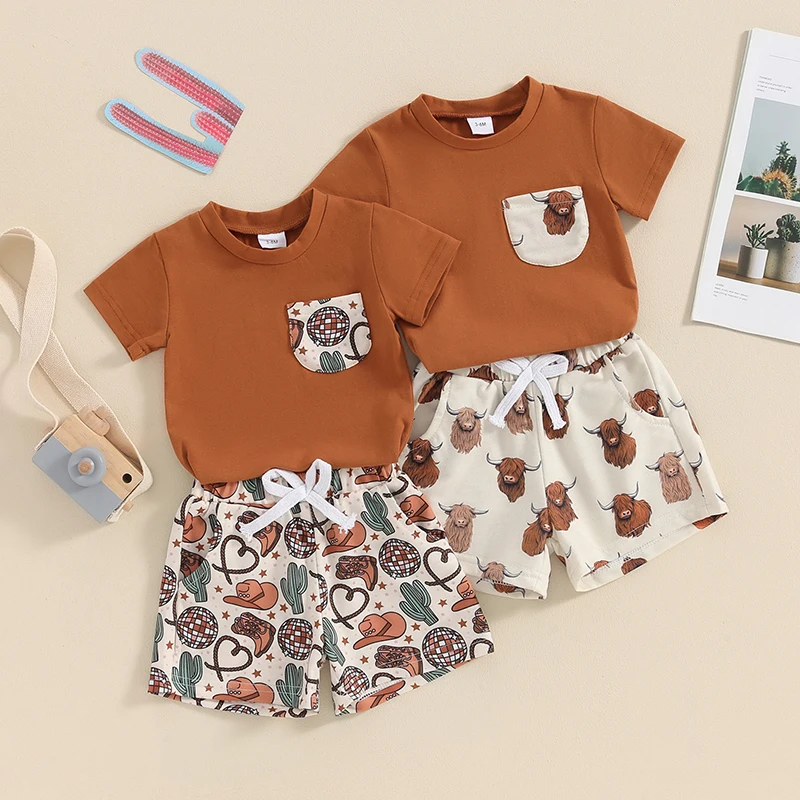 

2024-03-01 Lioraitiin Toddler Boys Western Outfits Summer Short Sleeve T-Shirt and Elastic Cow Print Shorts Boys Clothes Set