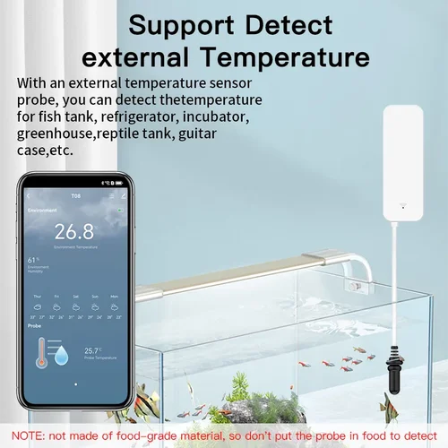 Imagen 2 del producto Sensor de temperatura y humedad WiFi Tuya con sonda externa para higrómetro doméstico inteligente, monitoreo por aplicación para plantas, acuario, bodega