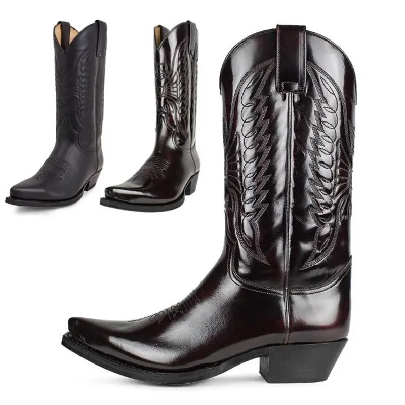 Cowboy Men Women Country Vintage Knight Western Motorcycle Boots Leather Embroidered Pointed Toe Mid Calf Work Shoes Comfortable view 2