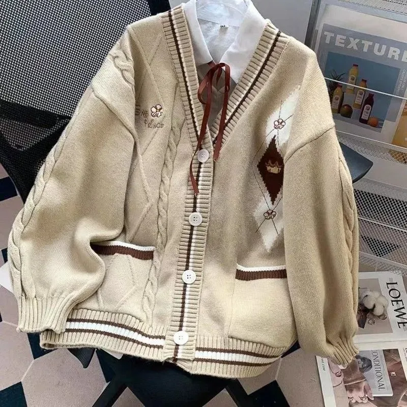 Women Spring Autumn V-Neck Sweater Cardigan Shirt Two Piece Set Lady Graceful Embrodiery Knit Coat Preppy Style Blouse Top Suits