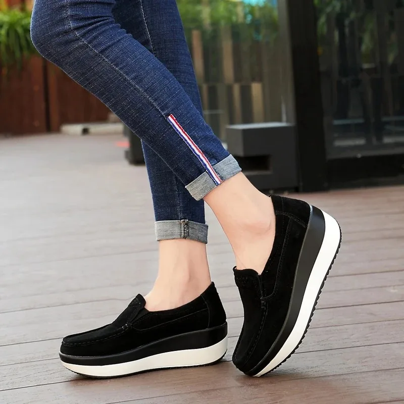 Women Flat Platform Loafers Ladies Elegant Suede Leather Moccasins Shoes Woman Slip On Moccasin Women\'s Blue Casual Shoes