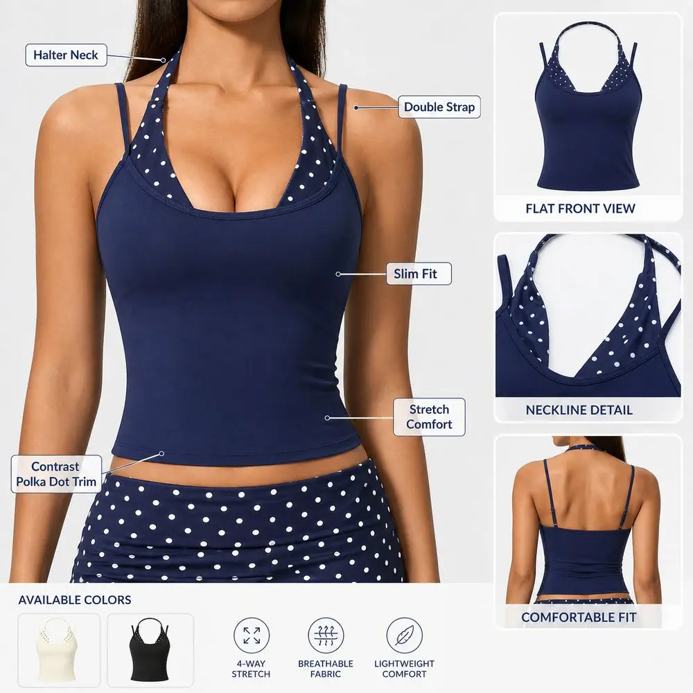 Polka Dot Yoga Tank Top Built In Bra Faux Layered Workout Tank Top Double Strap Removable Padding Sports Bra Tank Gym Workouts