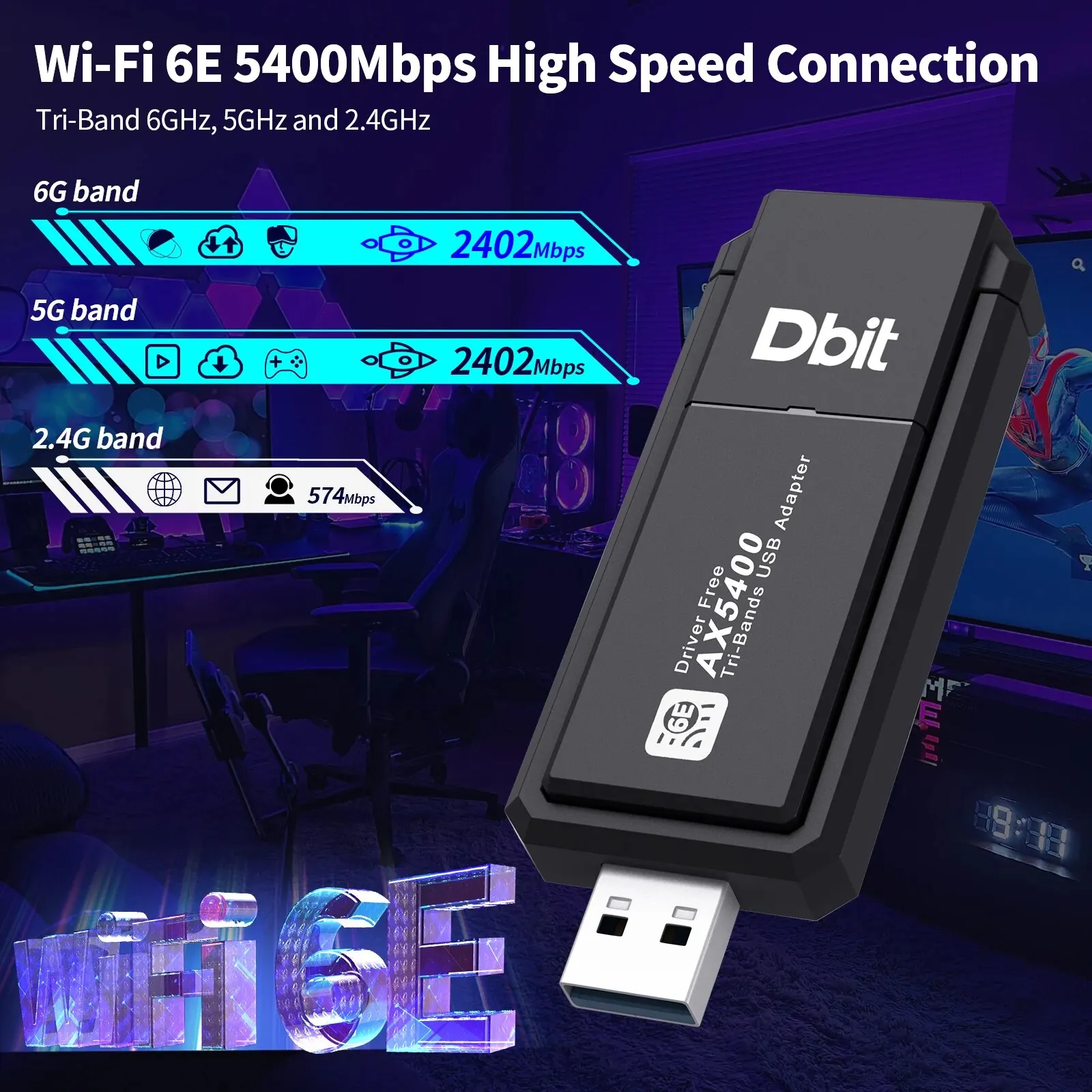 DBIT Wi-Fi Adaptador AX5400 Tarjeta de red USB Wifi 6e Tri-Band Dongle para PC Desktops Laptop Windows 10 11 Driver Free