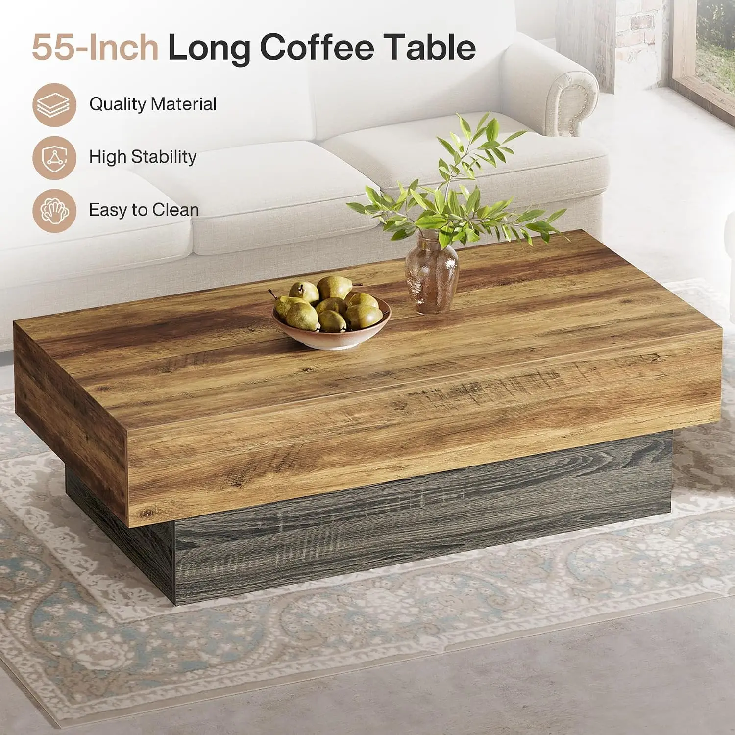 Farmhouse Wood Coffee Table Rustic Rectangle Center Table for Living Room Office Reception 55 Inch Brown & Grey, Customized